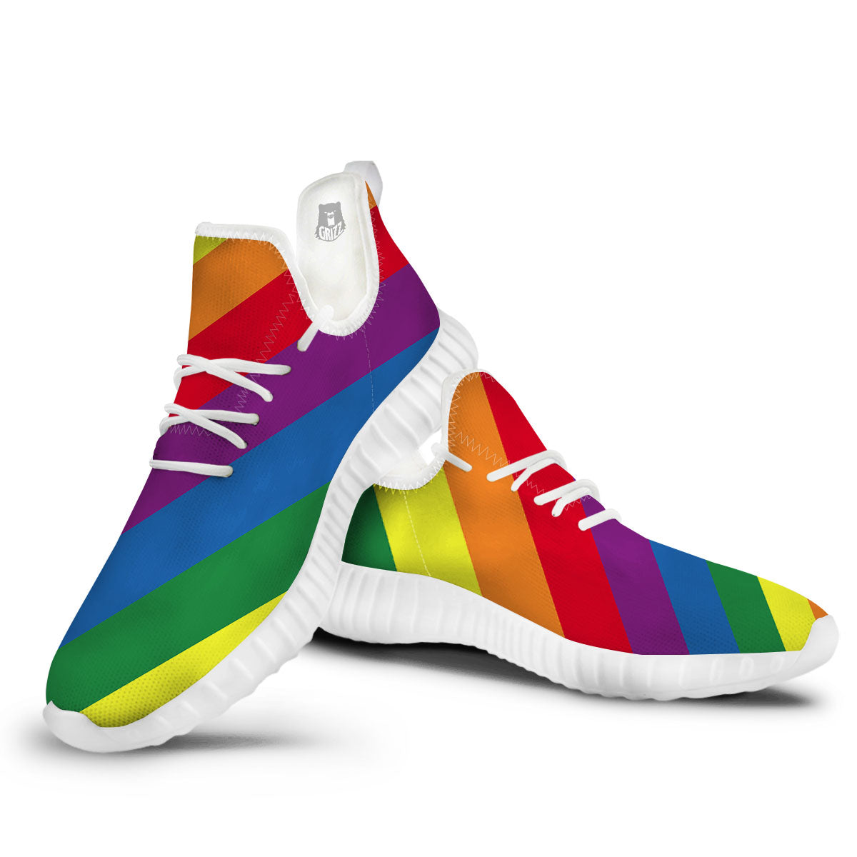 Striped Rainbow Diagonal Print Pattern White Walking Shoes-grizzshop