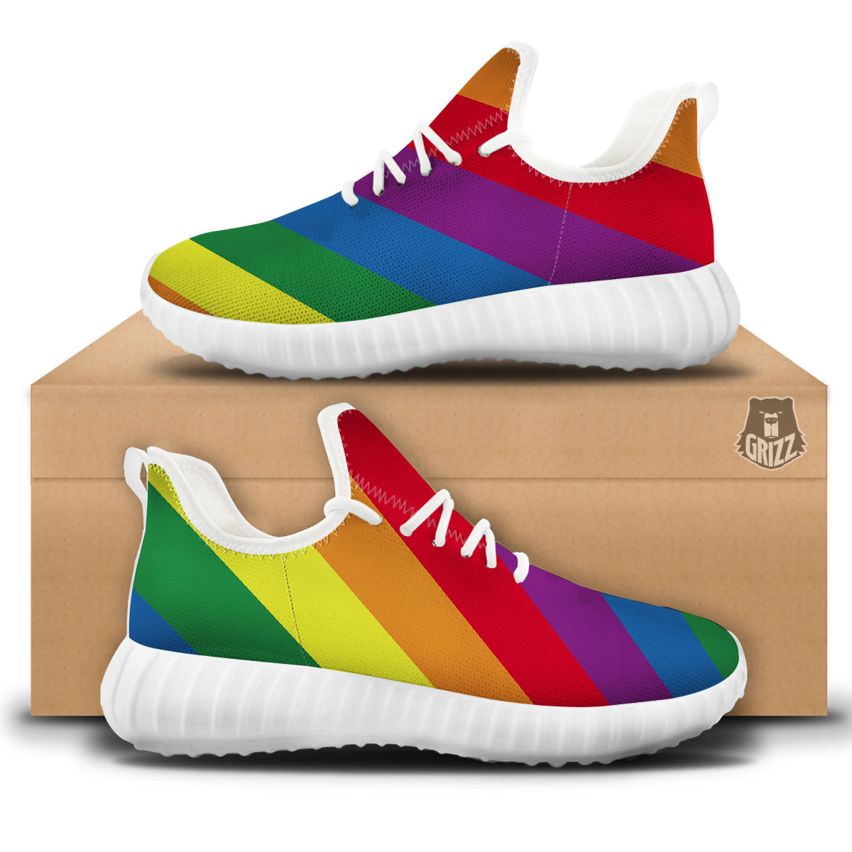 Striped Rainbow Diagonal Print Pattern White Walking Shoes-grizzshop