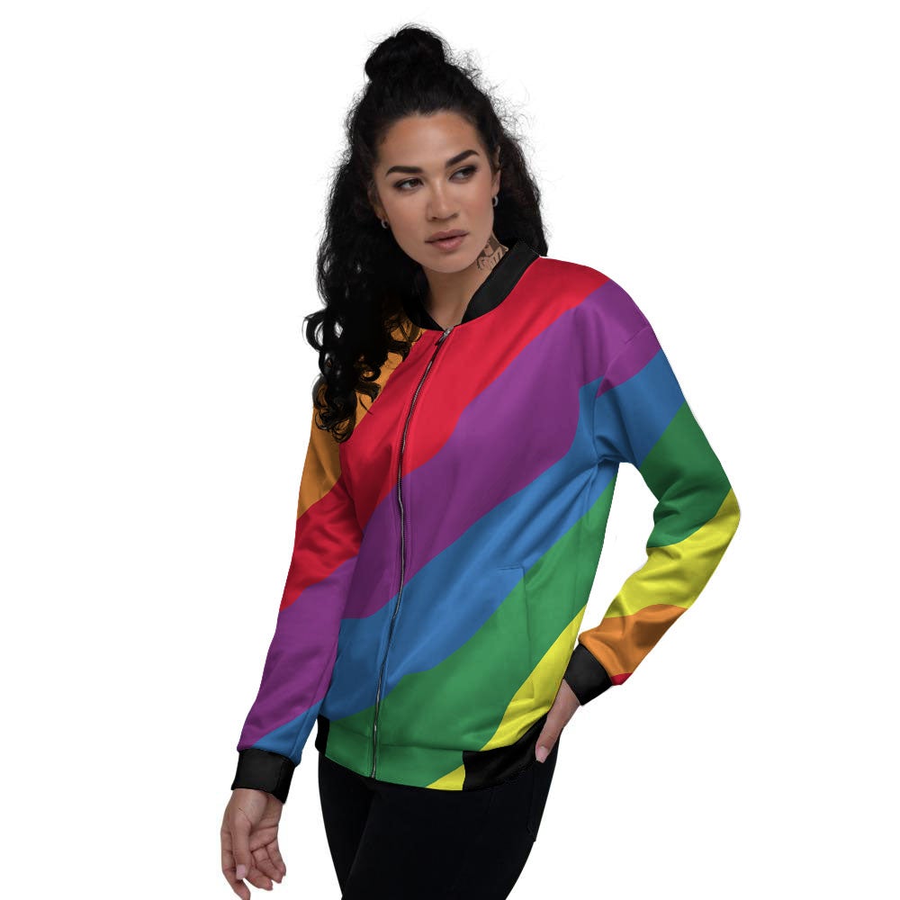 Striped Rainbow Diagonal Print Pattern Women's Bomber Jacket-grizzshop
