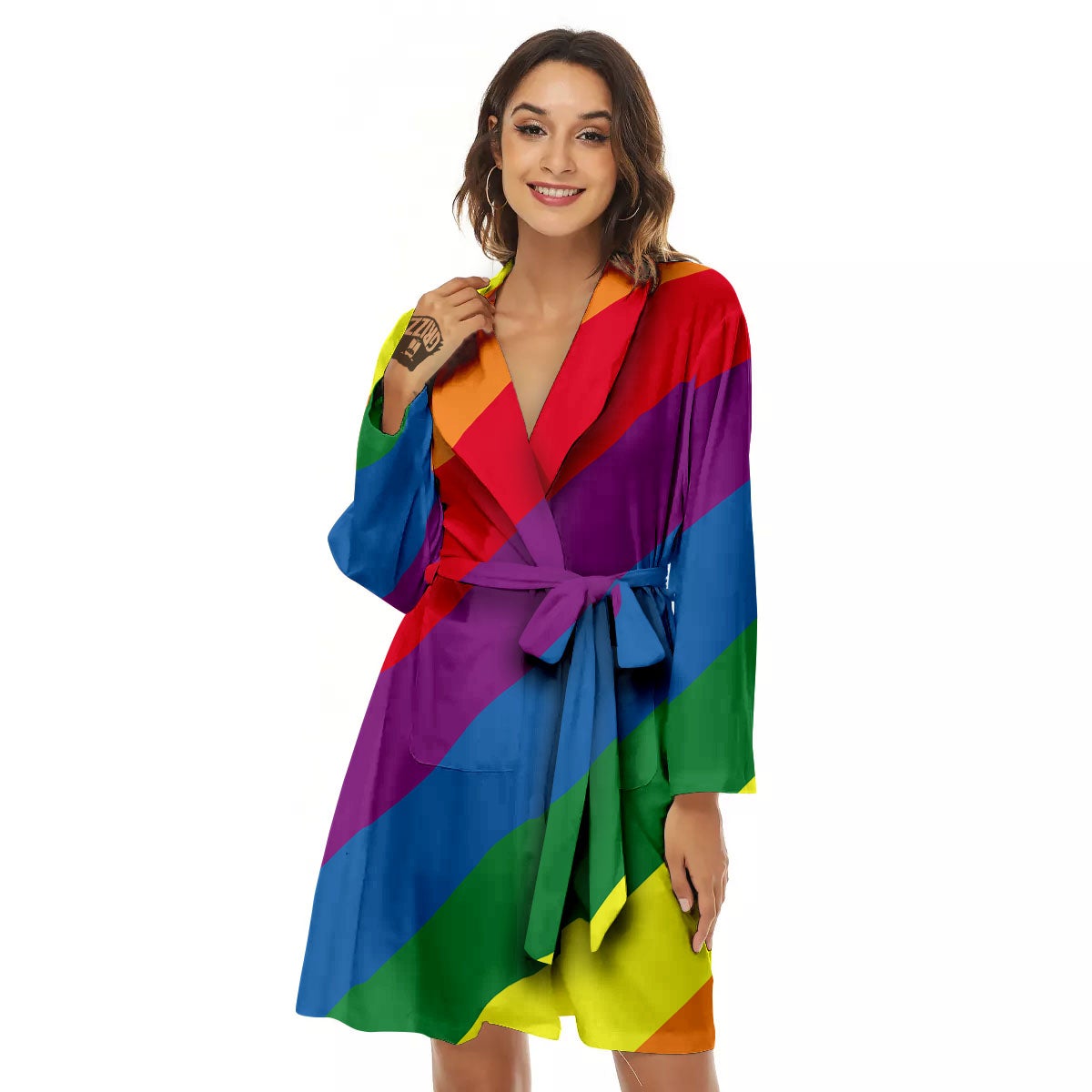 Striped Rainbow Diagonal Print Pattern Women's Robe-grizzshop