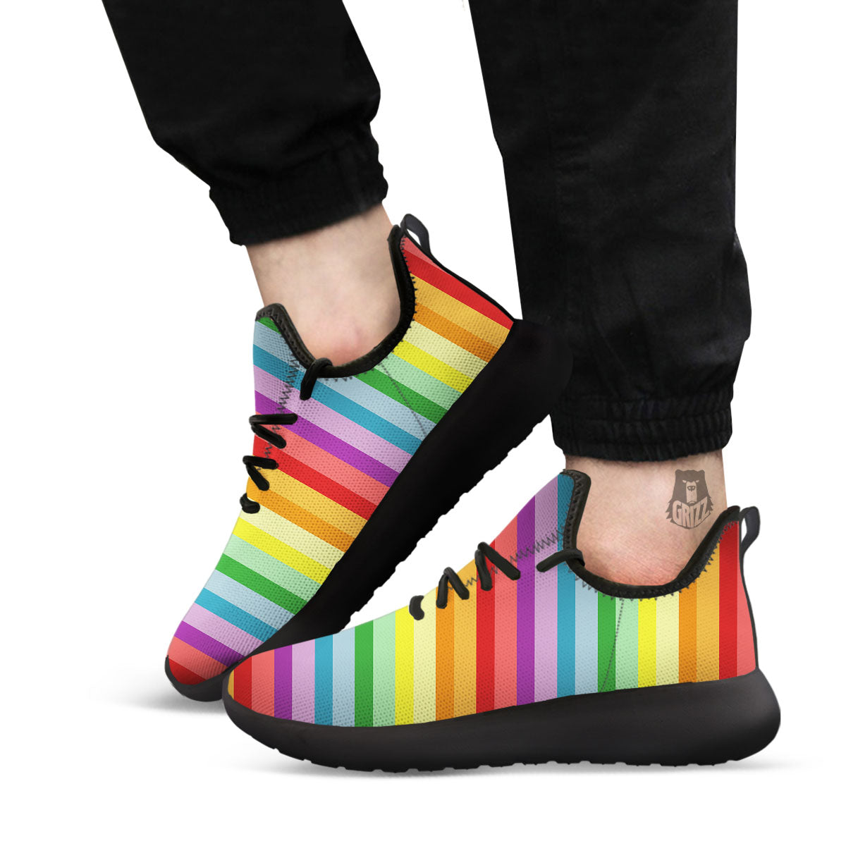 Striped Rainbow Print Pattern Black Athletic Shoes-grizzshop