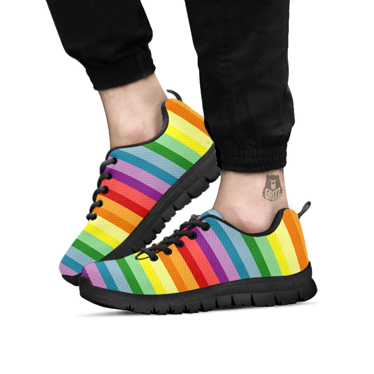 Striped Rainbow Print Pattern Black Sneaker-grizzshop