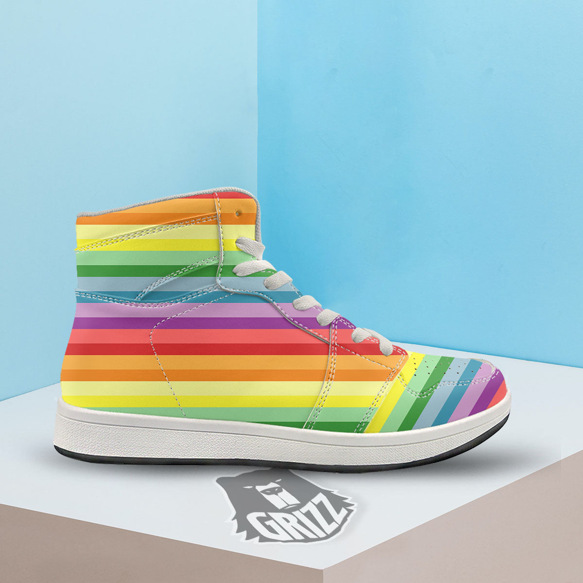 Striped Rainbow Print Pattern High Top Sneakers-grizzshop