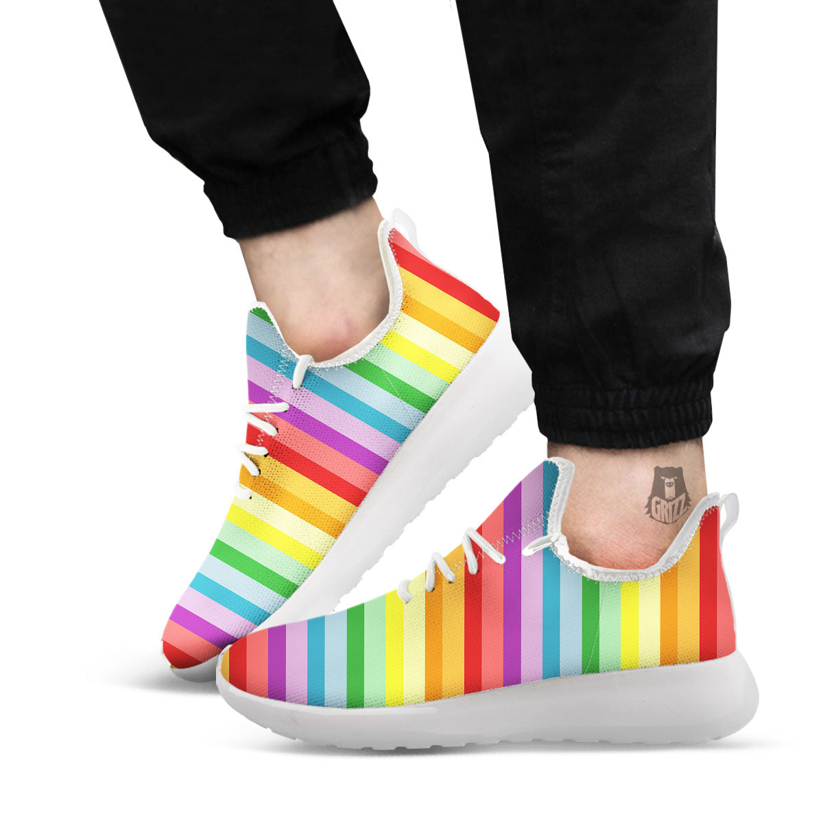 Striped Rainbow Print Pattern White Athletic Shoes-grizzshop