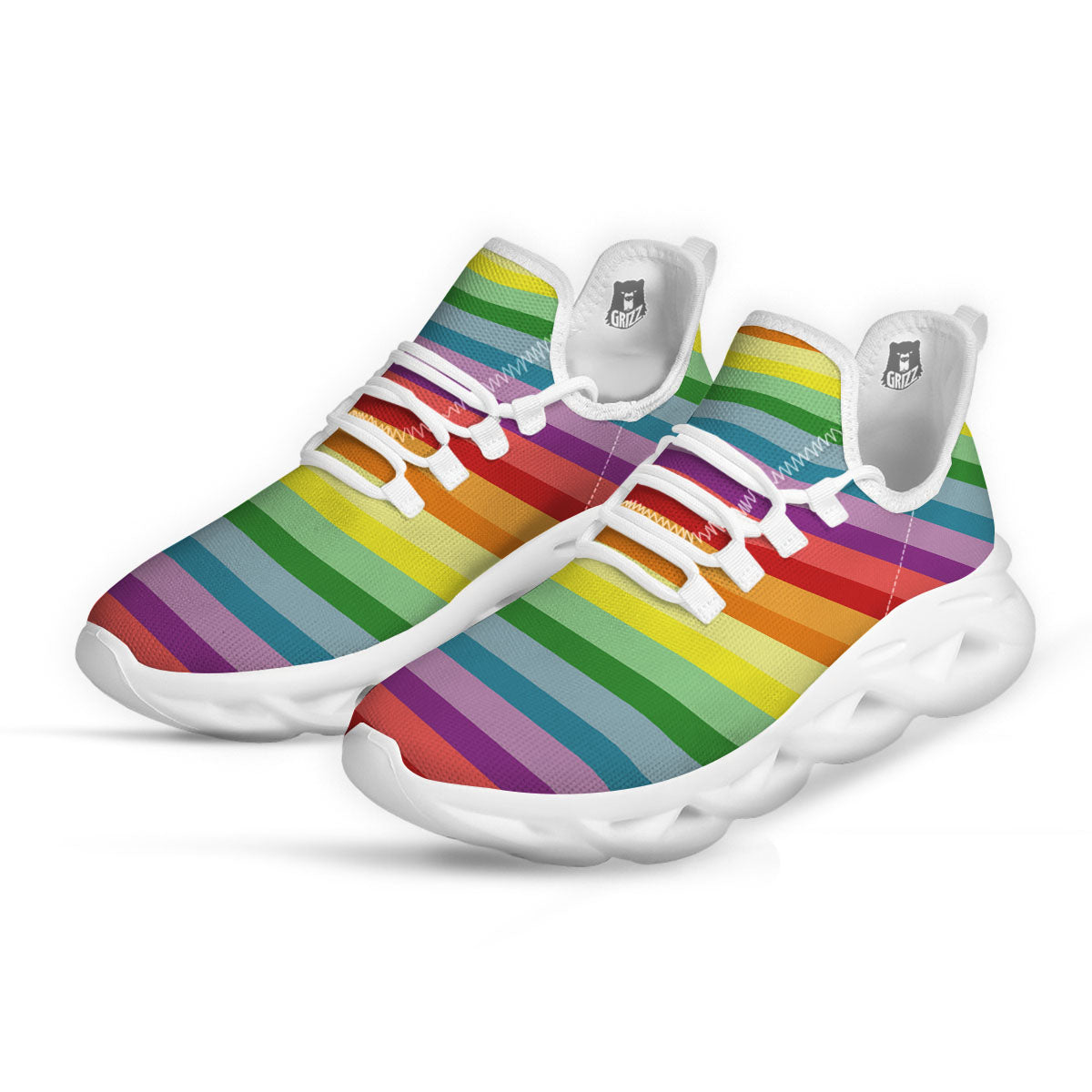 Striped Rainbow Print Pattern White Running Shoes-grizzshop