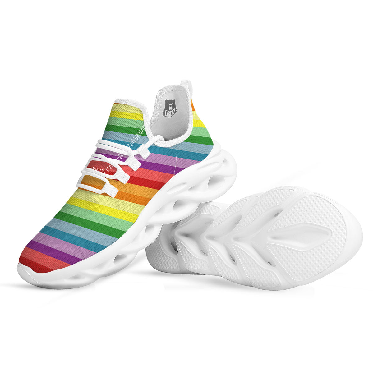 Striped Rainbow Print Pattern White Running Shoes-grizzshop