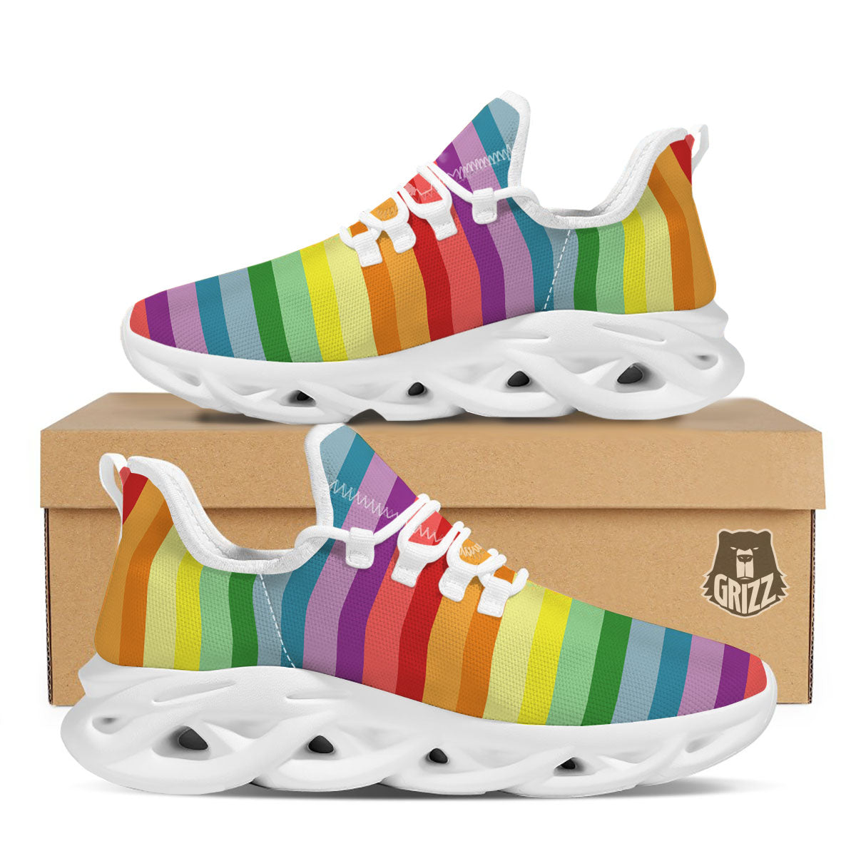 Striped Rainbow Print Pattern White Running Shoes-grizzshop