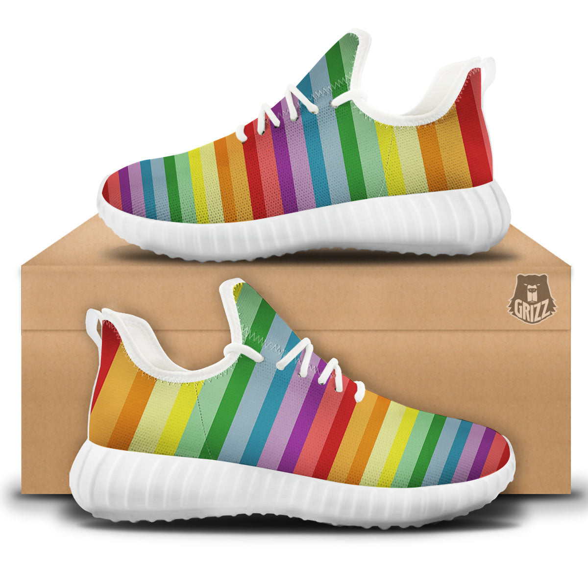 Striped Rainbow Print Pattern White Walking Shoes-grizzshop