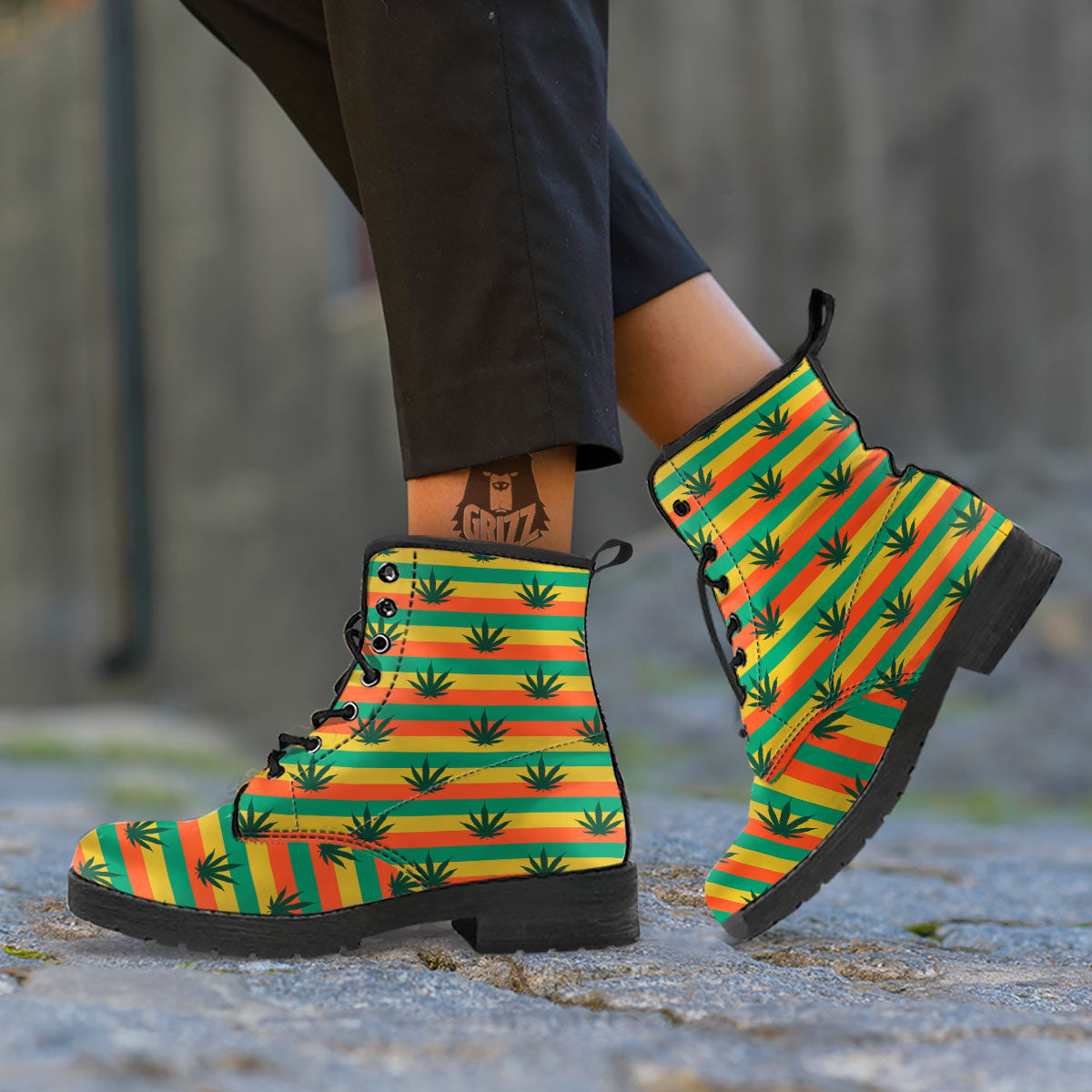 Striped Rasta Print Pattern Leather Boots-grizzshop