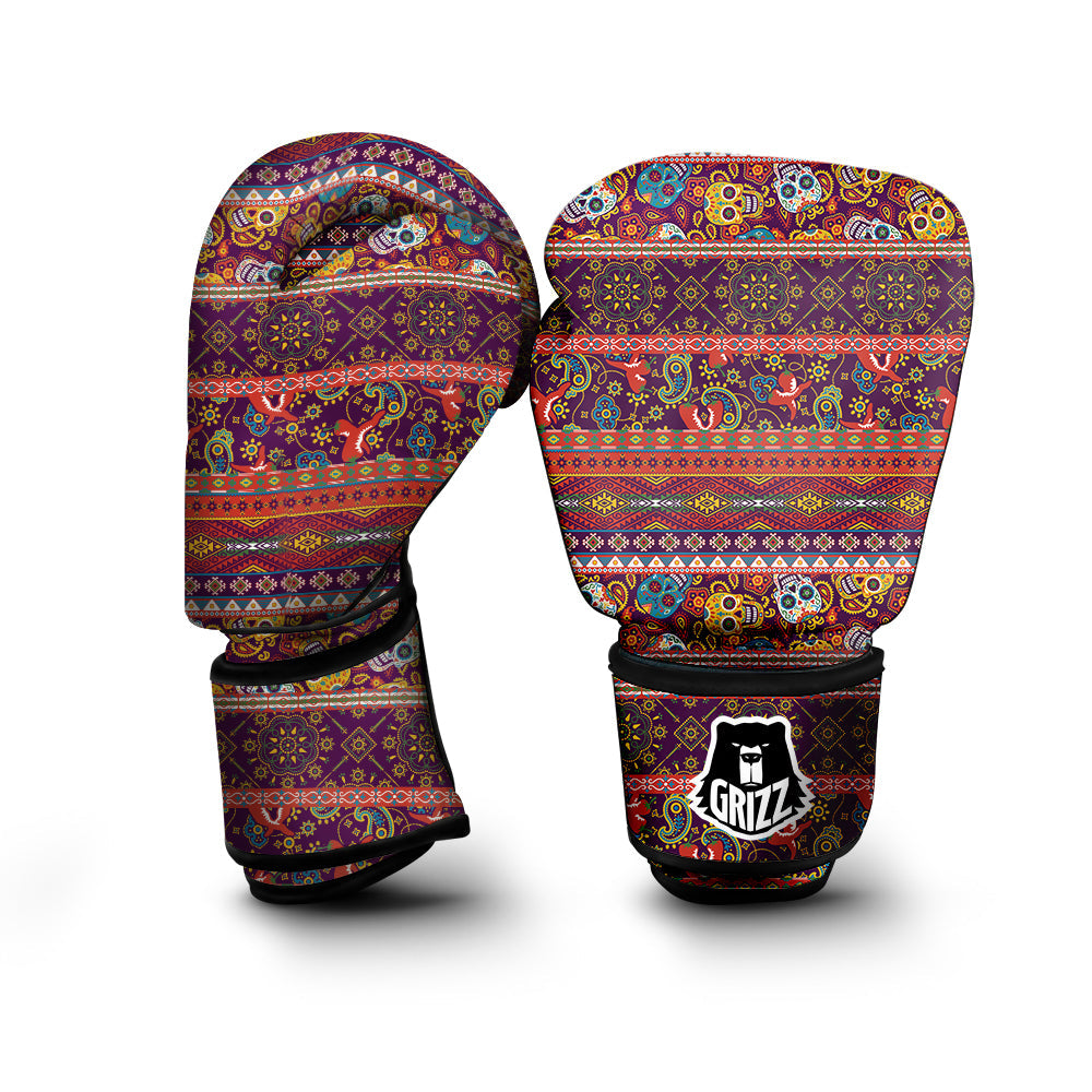 Striped Skull Mexican Style Print Pattern Boxing Gloves-grizzshop