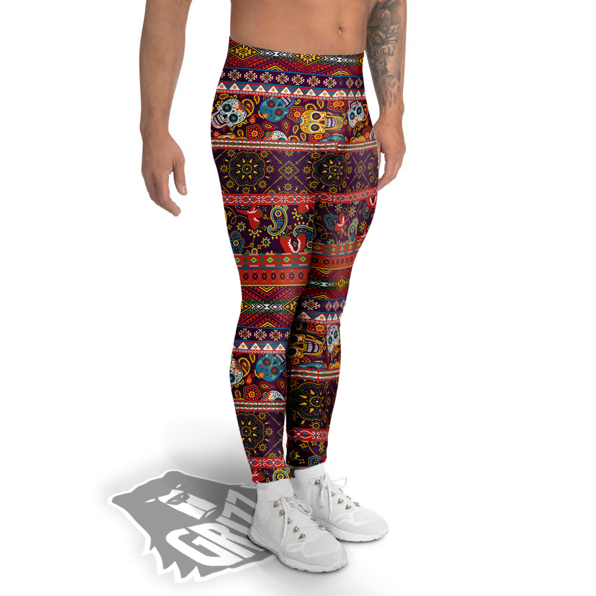 Striped Skull Mexican Style Print Pattern Men's Leggings-grizzshop