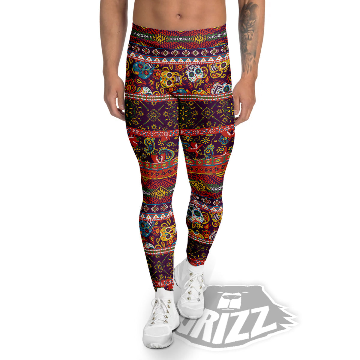 Striped Skull Mexican Style Print Pattern Men's Leggings-grizzshop