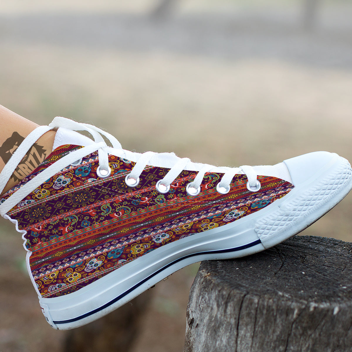Striped Skull Mexican Style Print Pattern White High Top Shoes-grizzshop