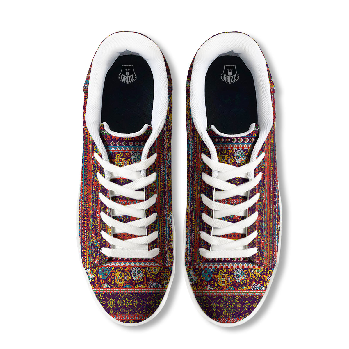Striped Skull Mexican Style Print Pattern White Low Top Sneakers-grizzshop