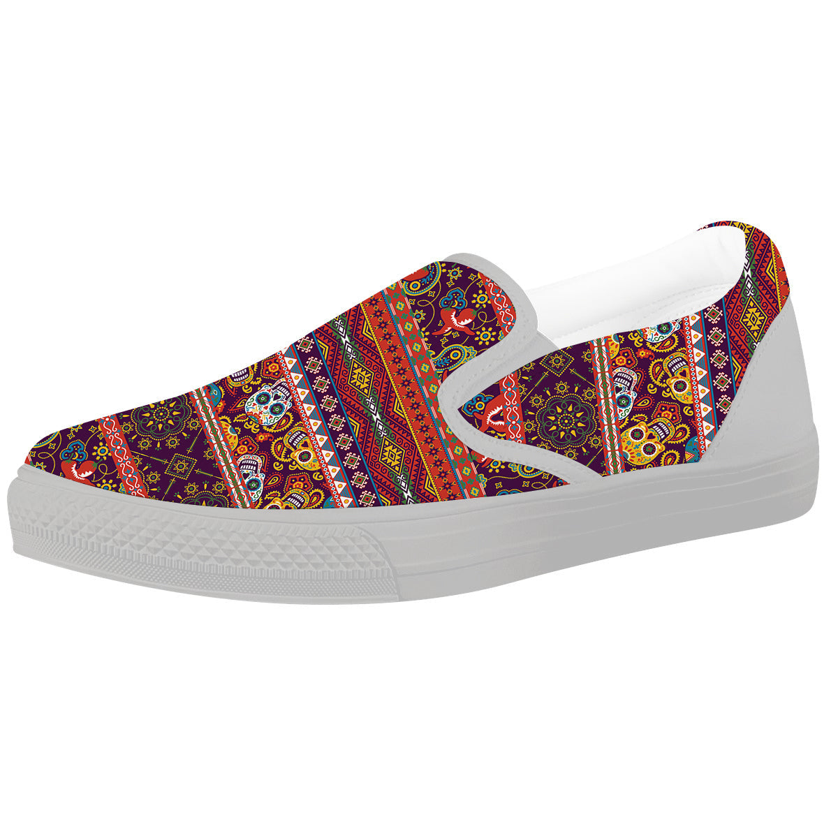 Striped Skull Mexican Style Print Pattern White Slip On Shoes-grizzshop