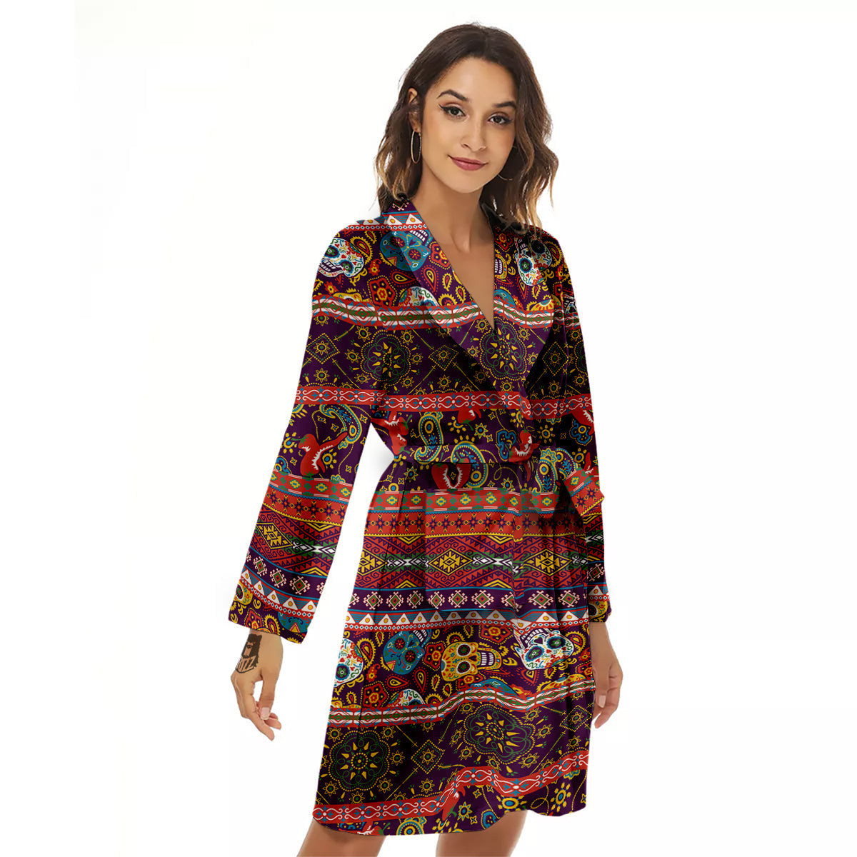 Striped Skull Mexican Style Print Pattern Women's Robe-grizzshop