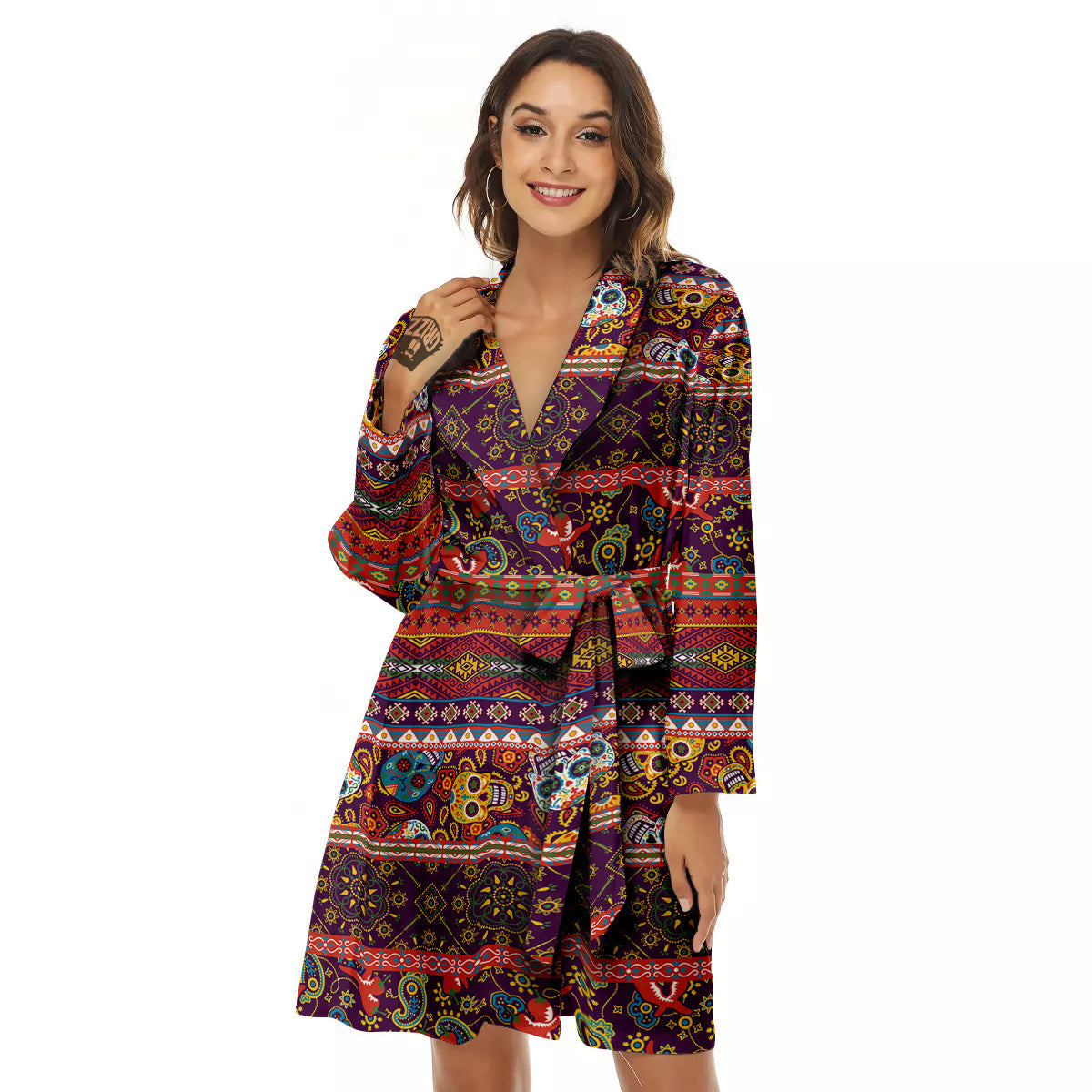 Striped Skull Mexican Style Print Pattern Women's Robe-grizzshop