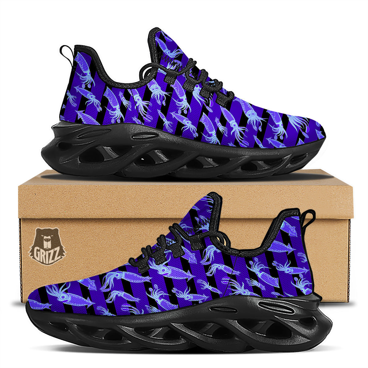 Striped Squid Print Pattern Black Running Shoes-grizzshop
