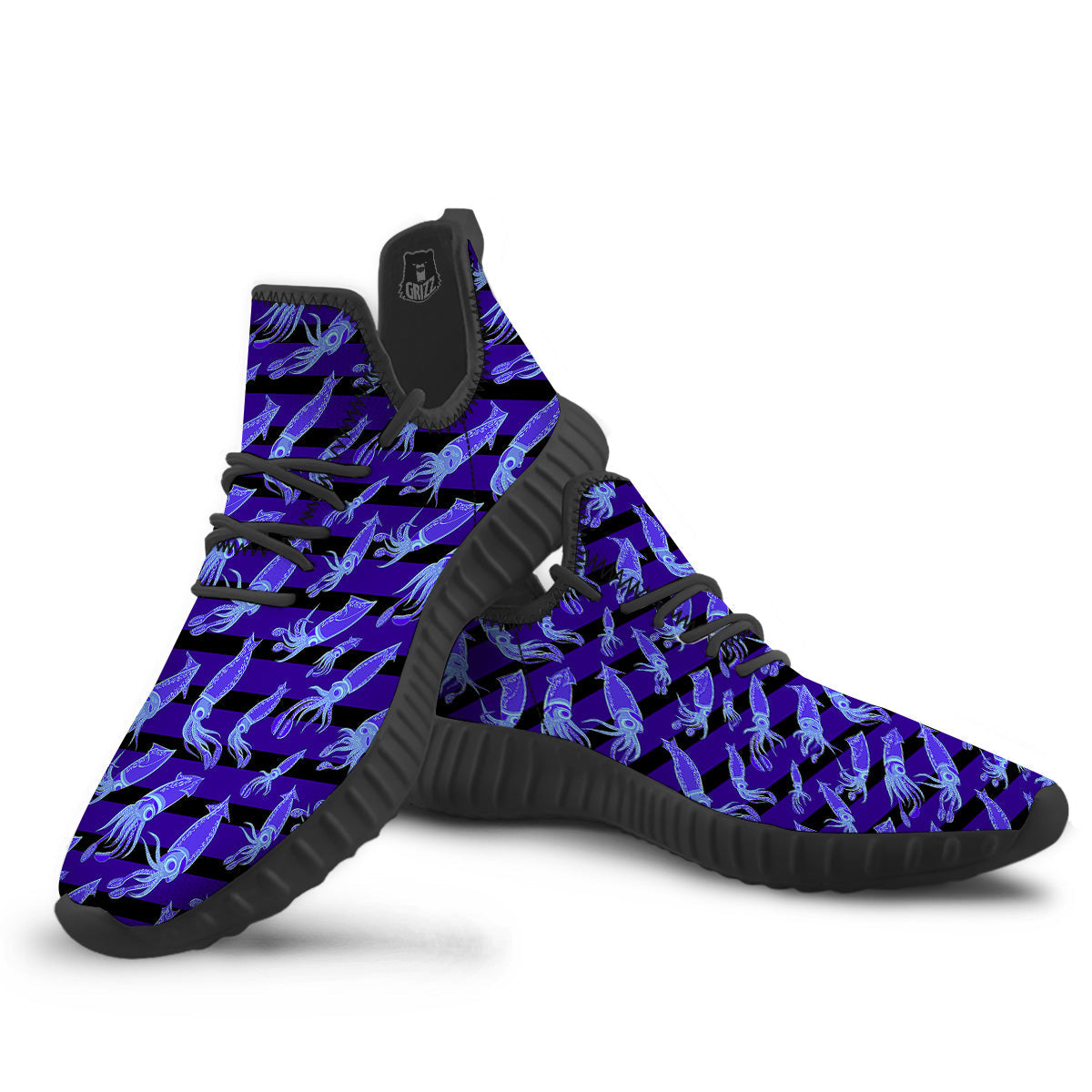Striped Squid Print Pattern Black Walking Shoes-grizzshop