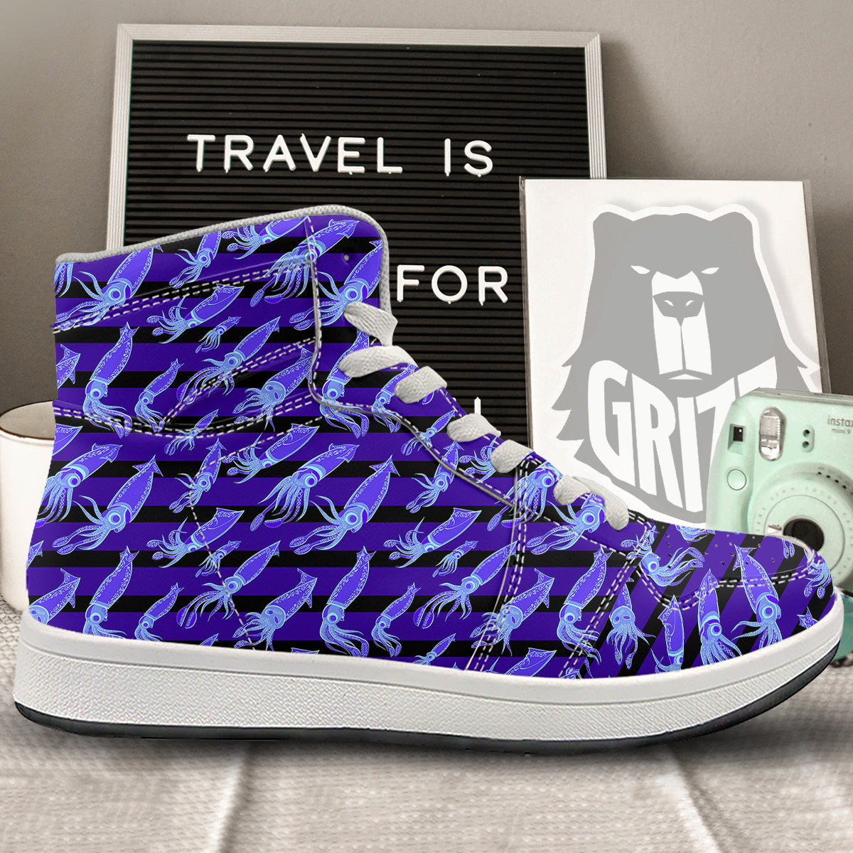Striped Squid Print Pattern High Top Sneakers-grizzshop