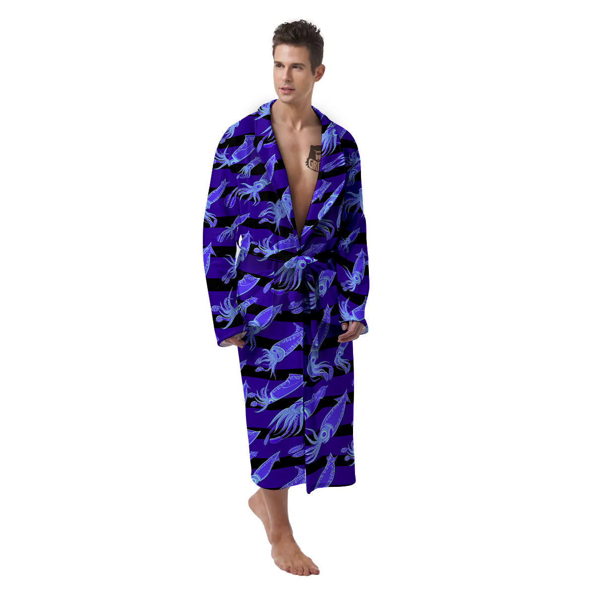 Striped Squid Print Pattern Men's Robe-grizzshop