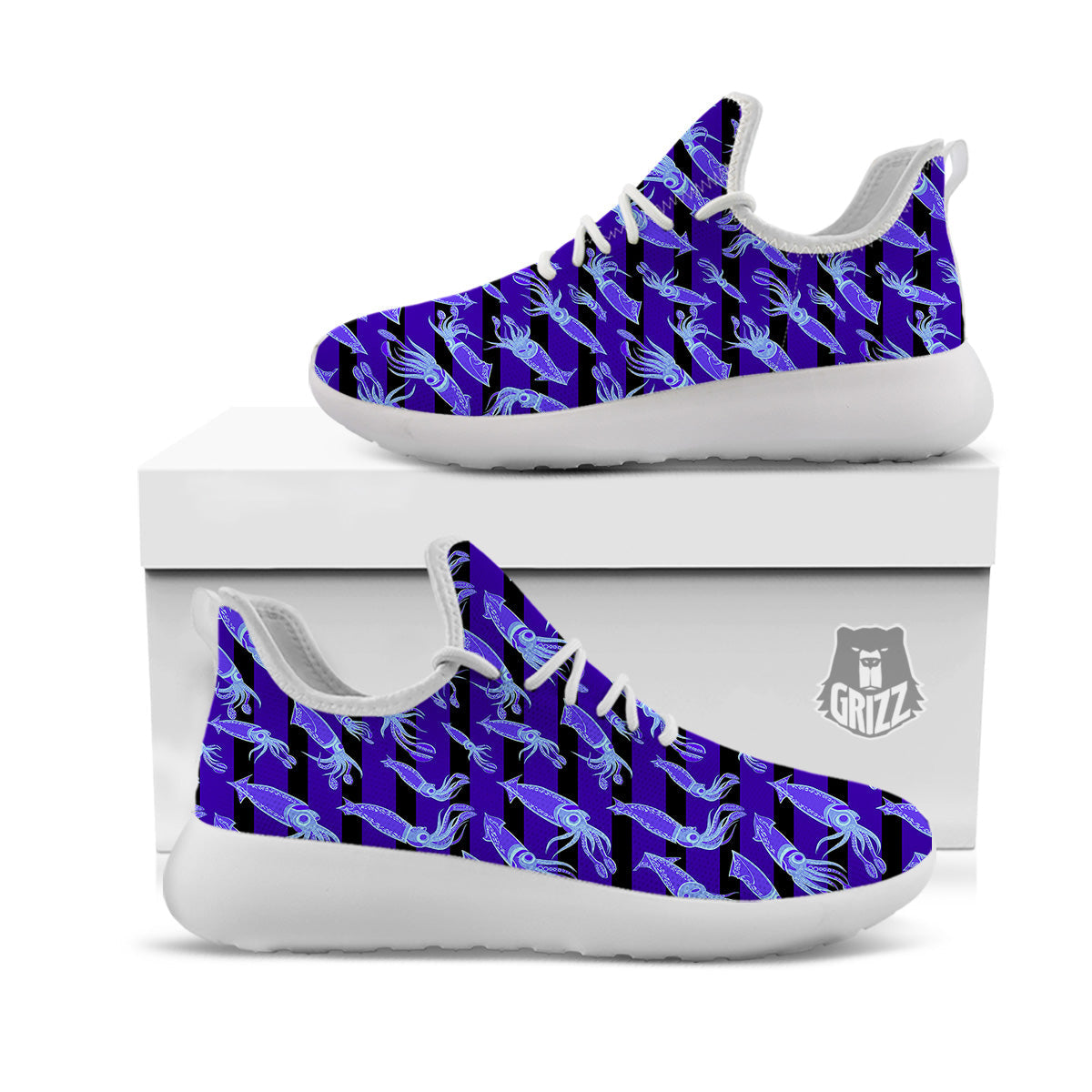 Striped Squid Print Pattern White Athletic Shoes-grizzshop