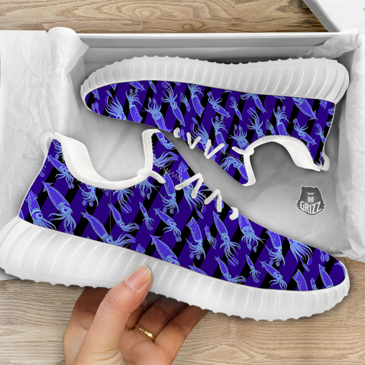 Striped Squid Print Pattern White Walking Shoes-grizzshop