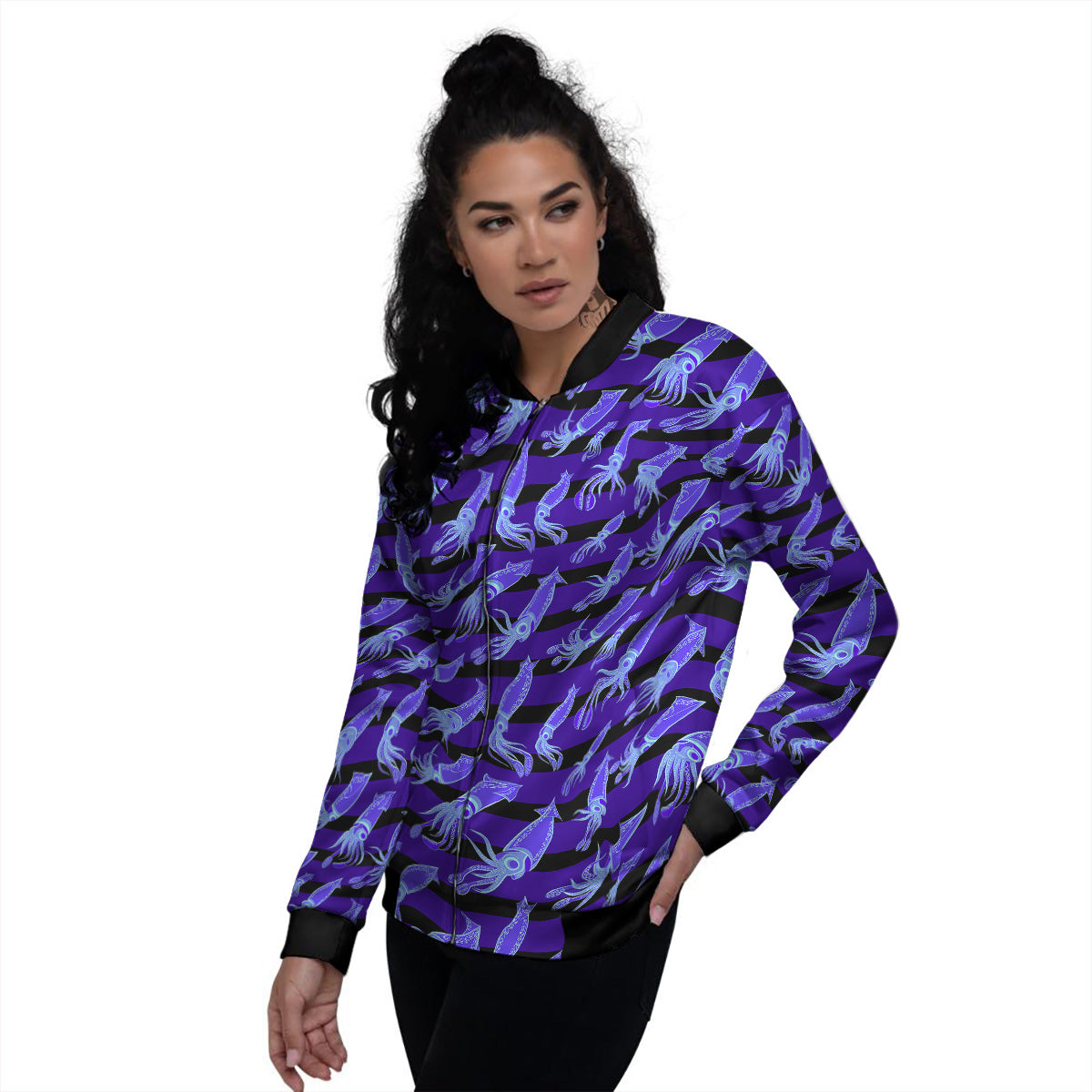 Striped Squid Print Pattern Women's Bomber Jacket-grizzshop