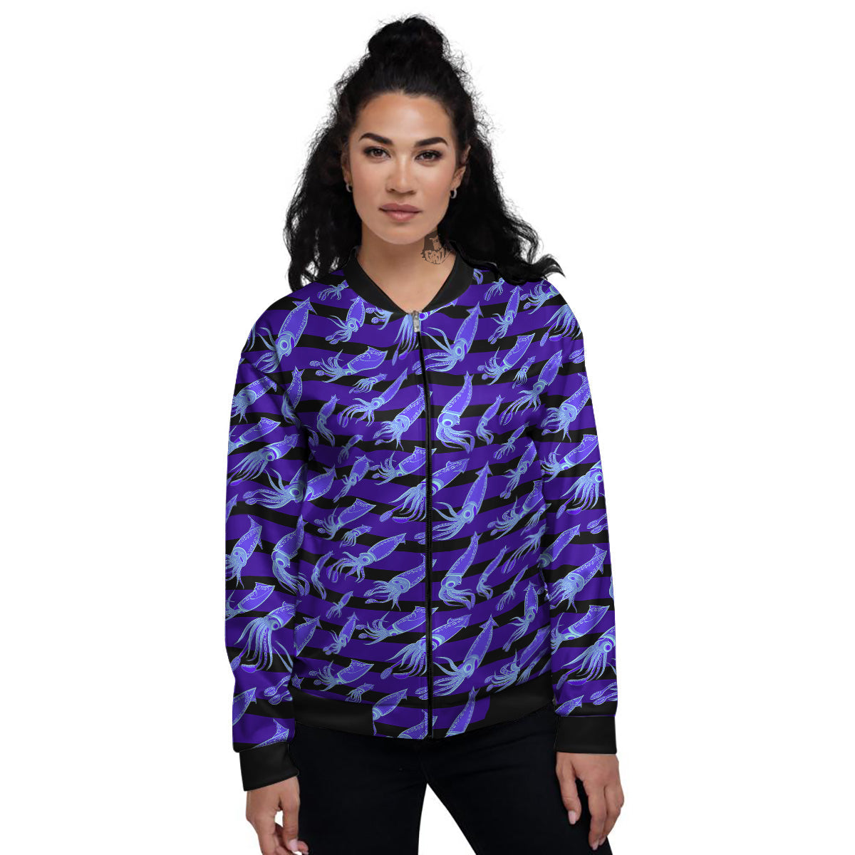 Striped Squid Print Pattern Women's Bomber Jacket-grizzshop