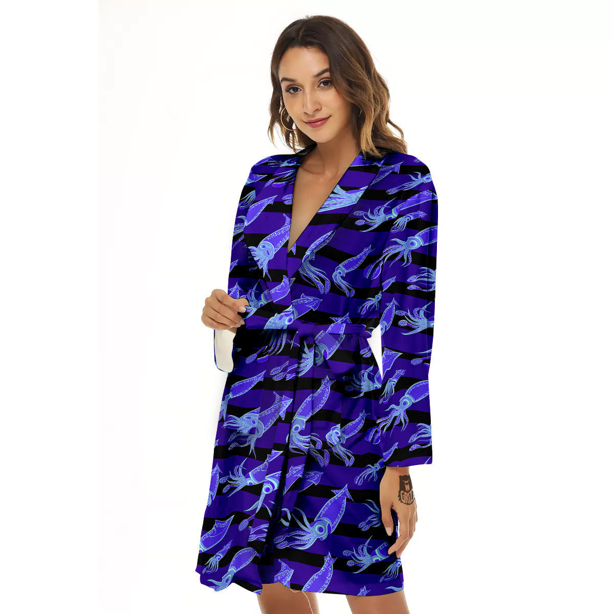 Striped Squid Print Pattern Women's Robe-grizzshop