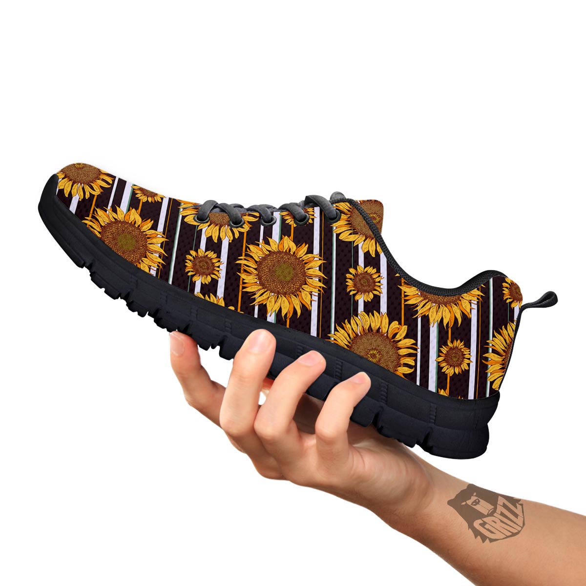 Striped Sunflower Print Pattern Black Sneaker-grizzshop