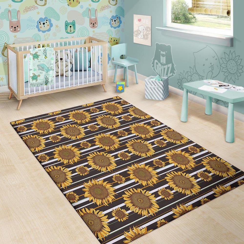 Striped Sunflower Print Pattern Floor Mat-grizzshop