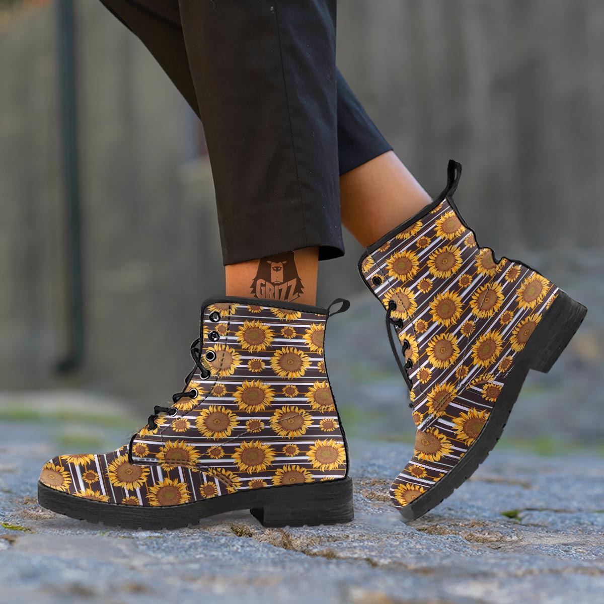 Striped Sunflower Print Pattern Leather Boots-grizzshop