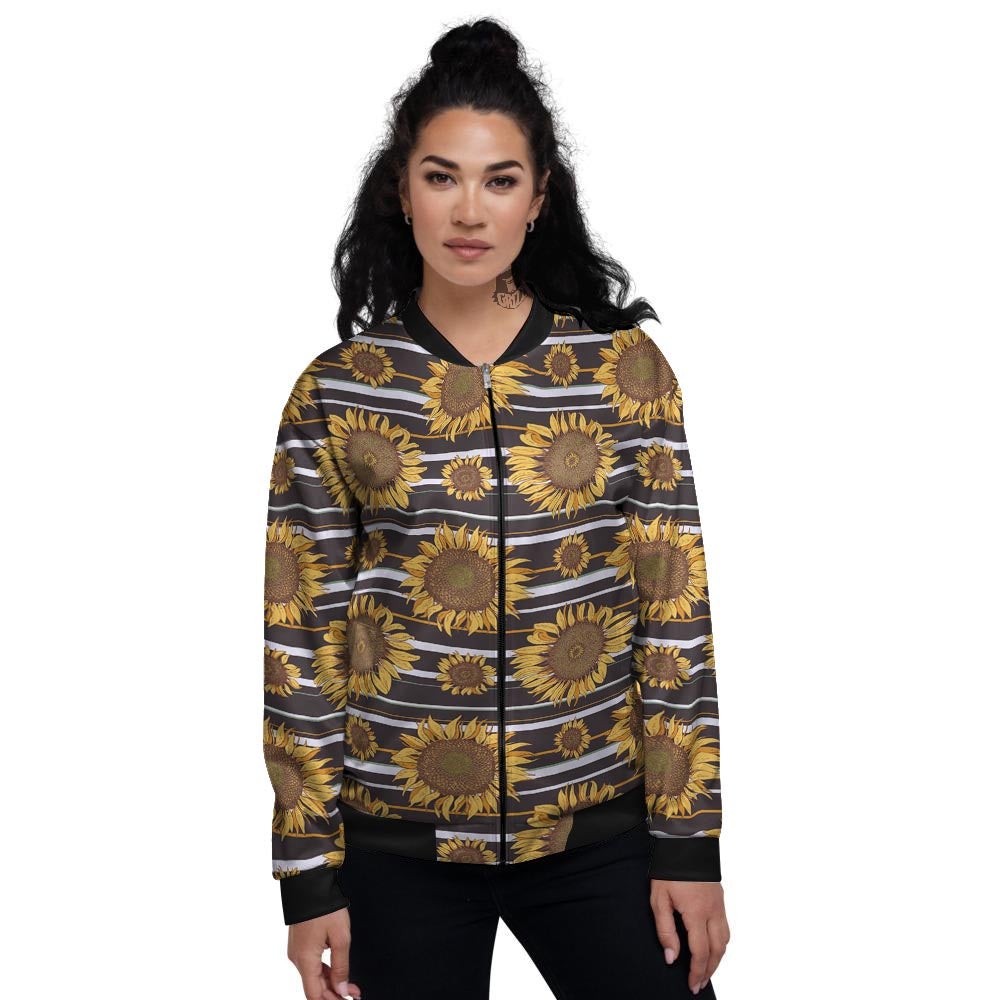 Striped Sunflower Print Pattern Women's Bomber Jacket-grizzshop