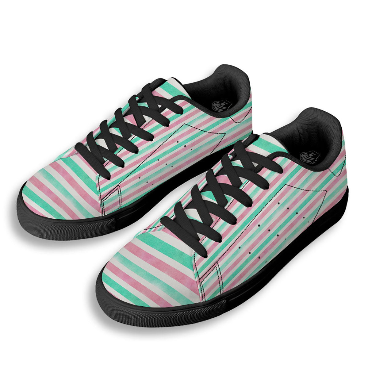 Striped Teal And Pink Print Pattern Black Low Top Sneakers-grizzshop