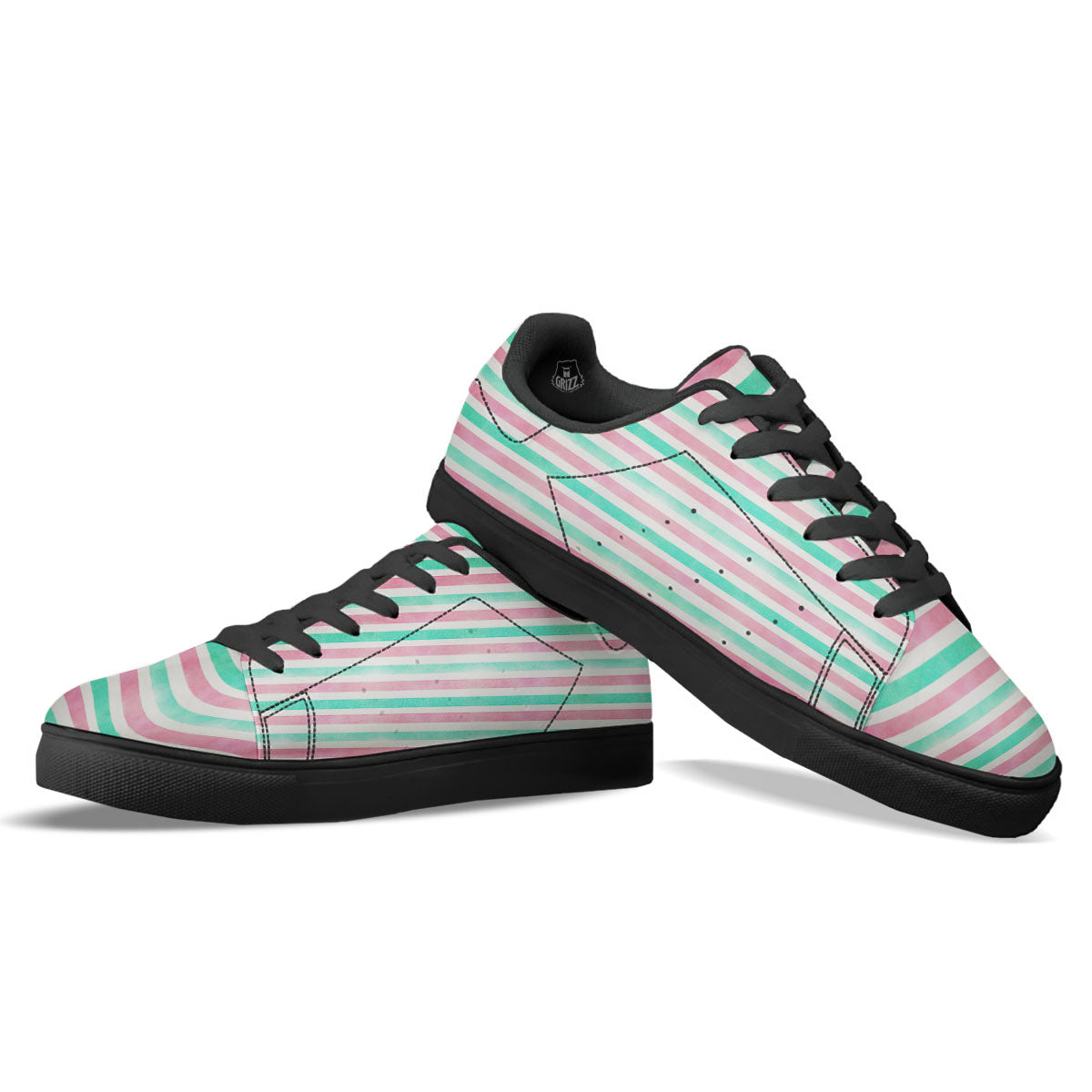 Striped Teal And Pink Print Pattern Black Low Top Sneakers-grizzshop