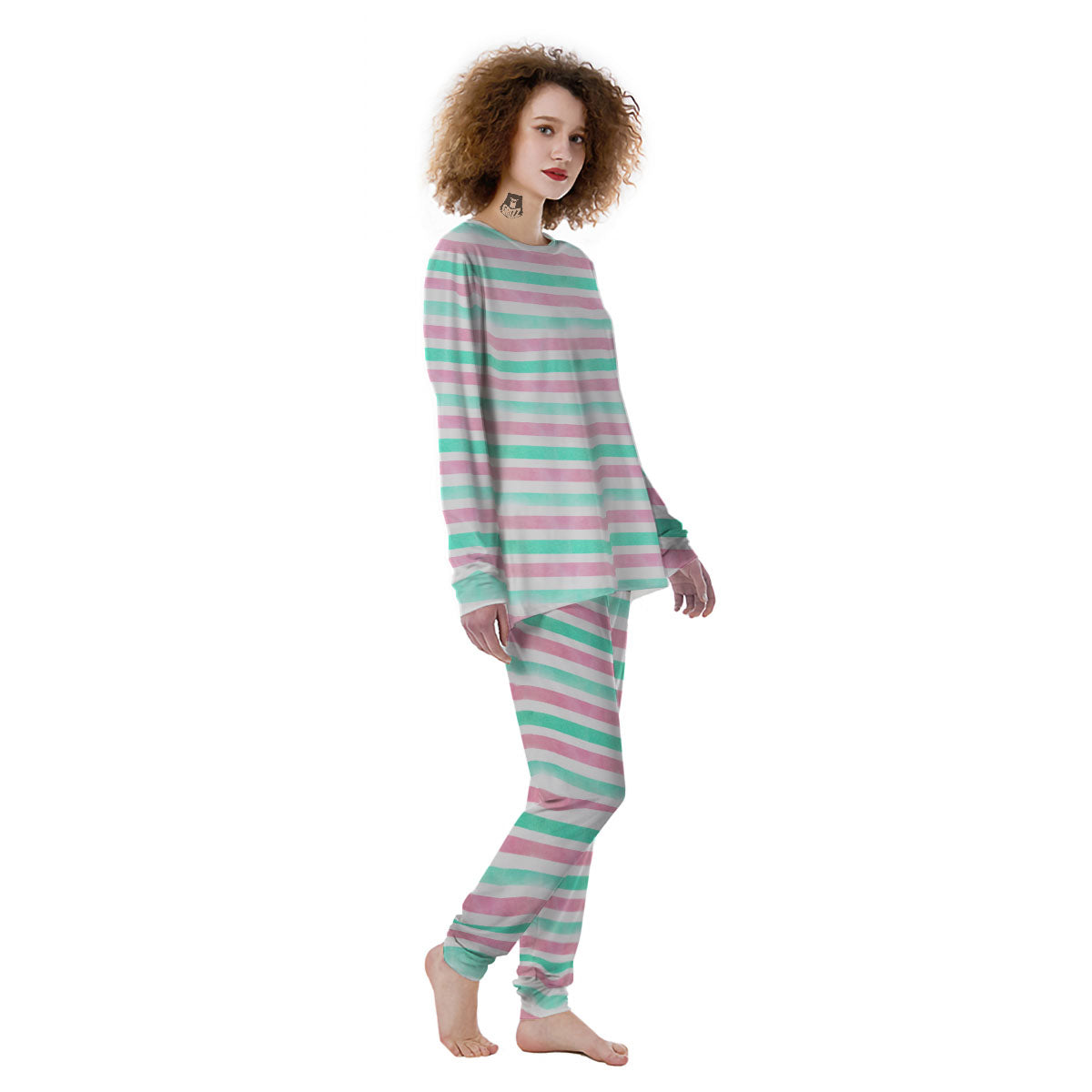 Striped Teal And Pink Print Pattern Women's Pajamas-grizzshop