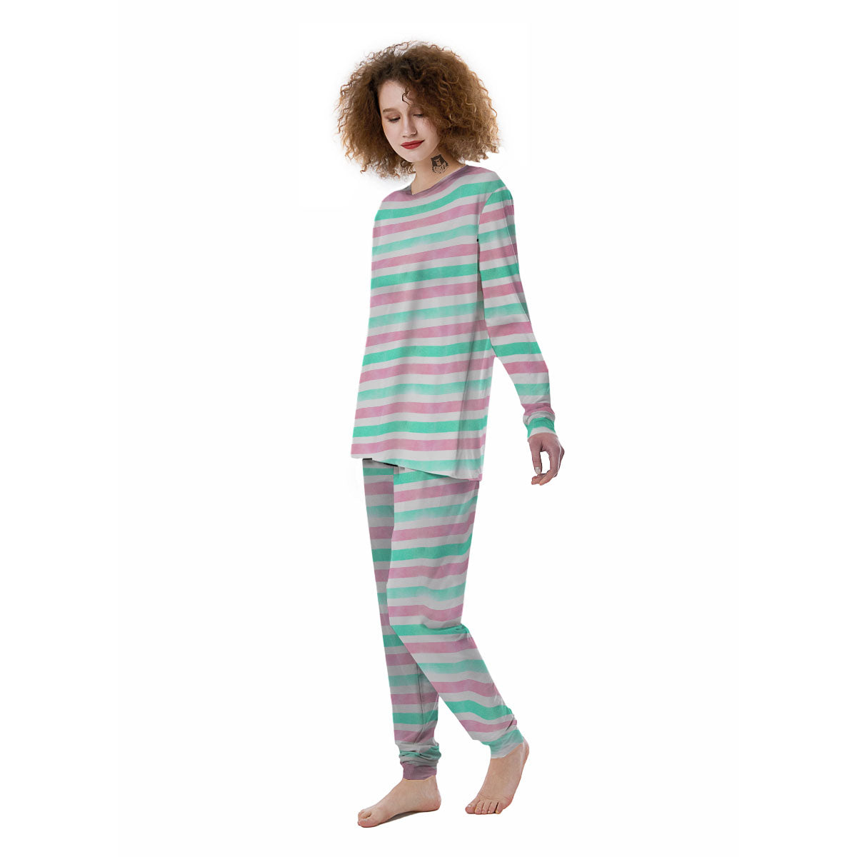 Striped Teal And Pink Print Pattern Women's Pajamas-grizzshop