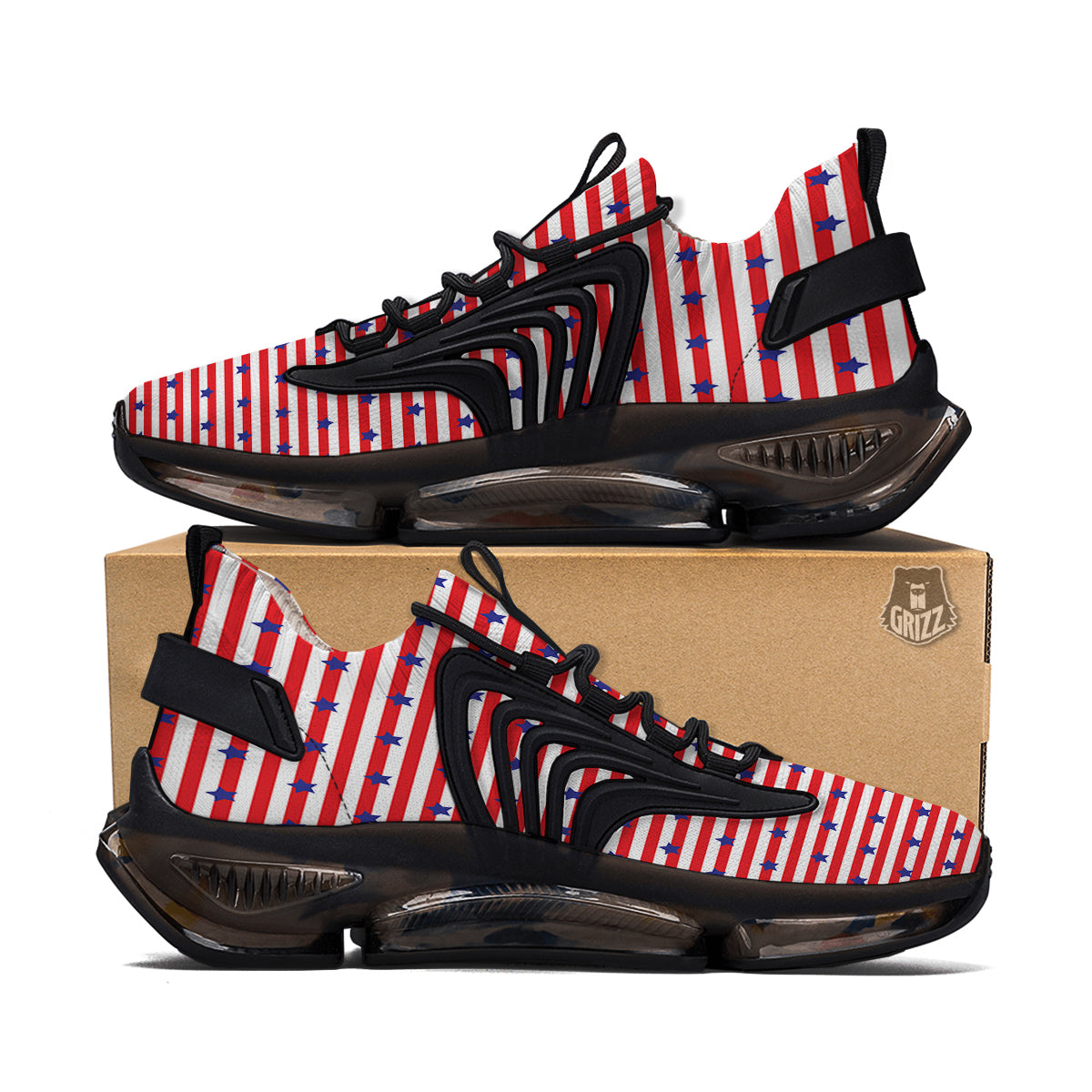 Striped USA Patriotic Print Pattern Black Gym Shoes-grizzshop