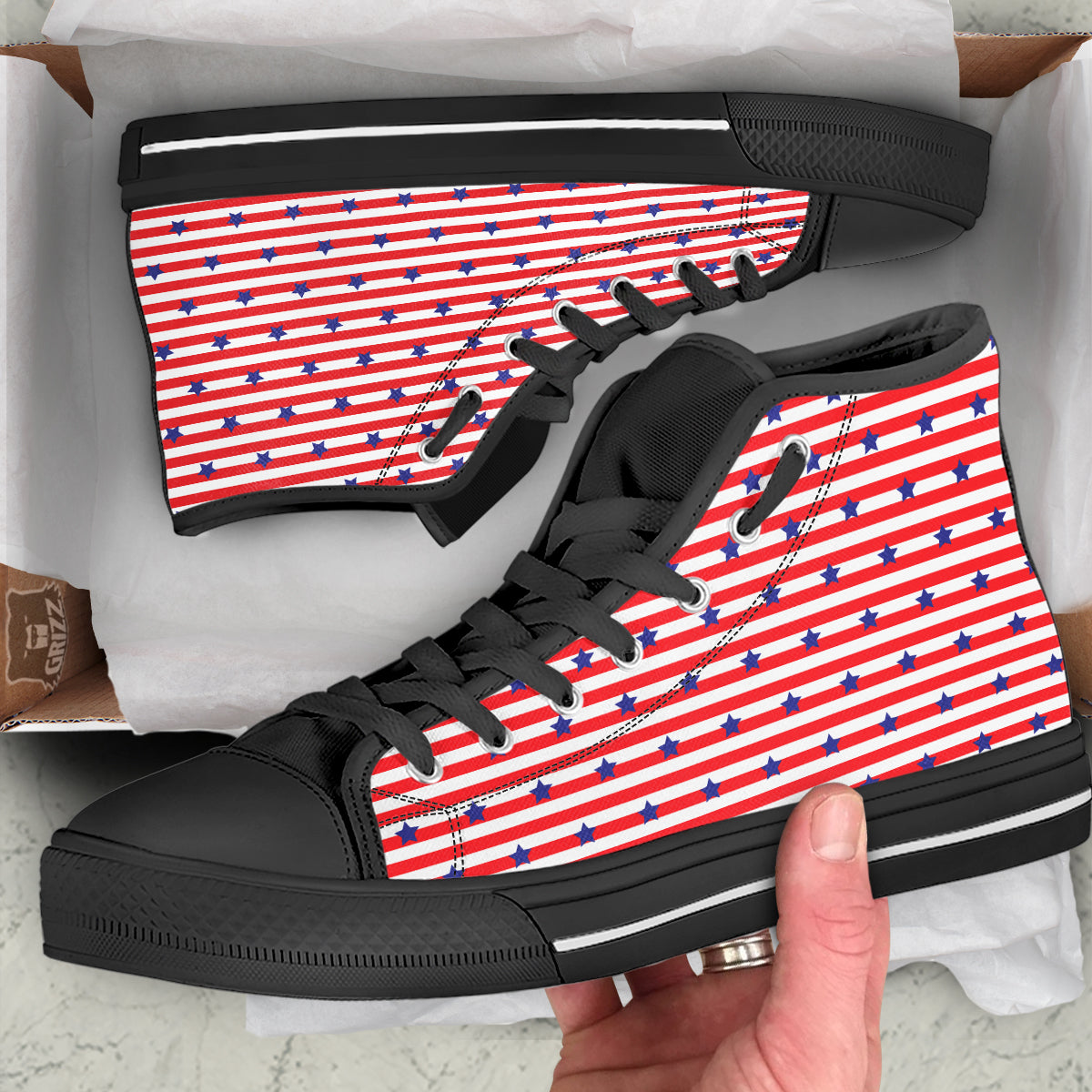 Striped USA Patriotic Print Pattern Black High Top Shoes-grizzshop