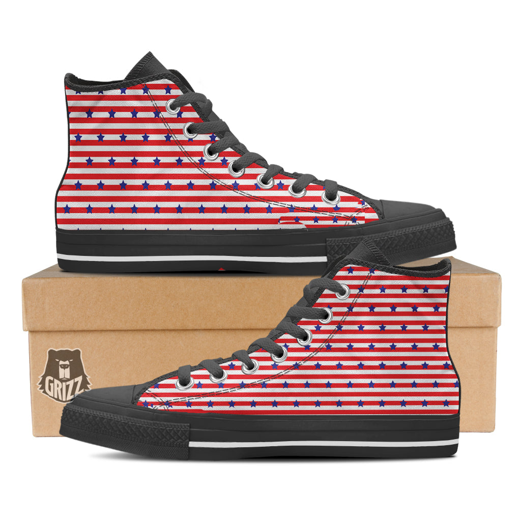 Striped USA Patriotic Print Pattern Black High Top Shoes-grizzshop