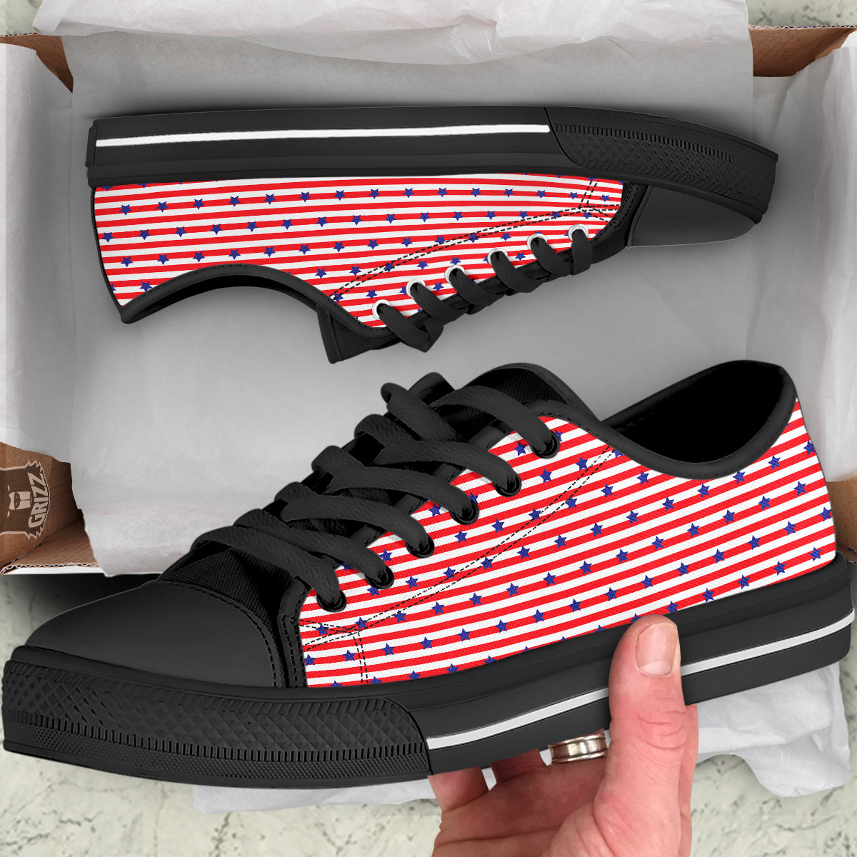 Striped USA Patriotic Print Pattern Black Low Top Shoes-grizzshop