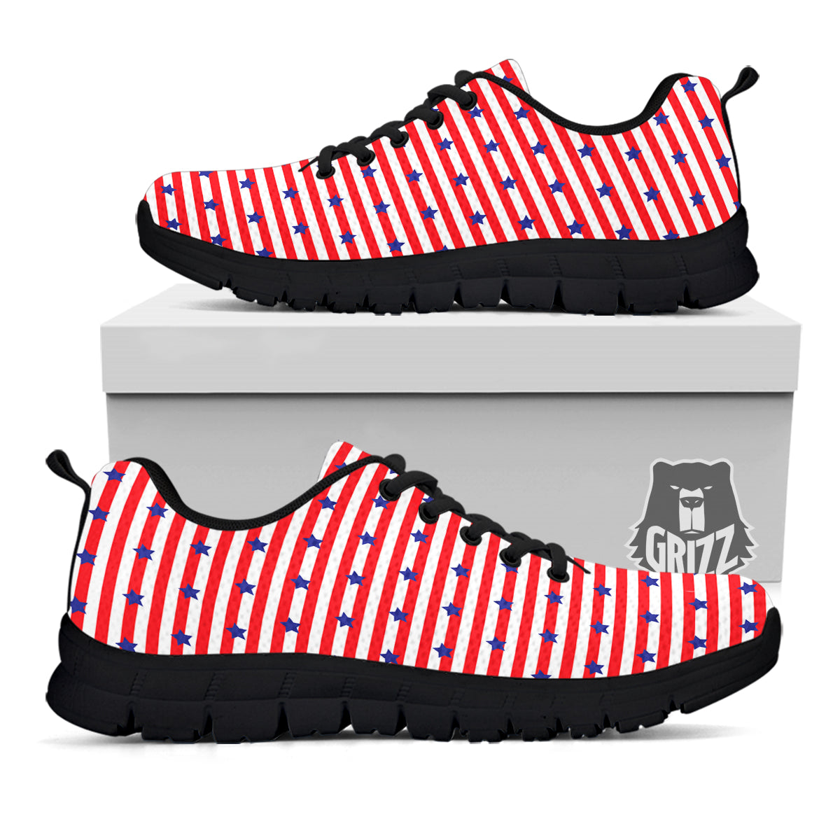 Striped USA Patriotic Print Pattern Black Sneaker-grizzshop