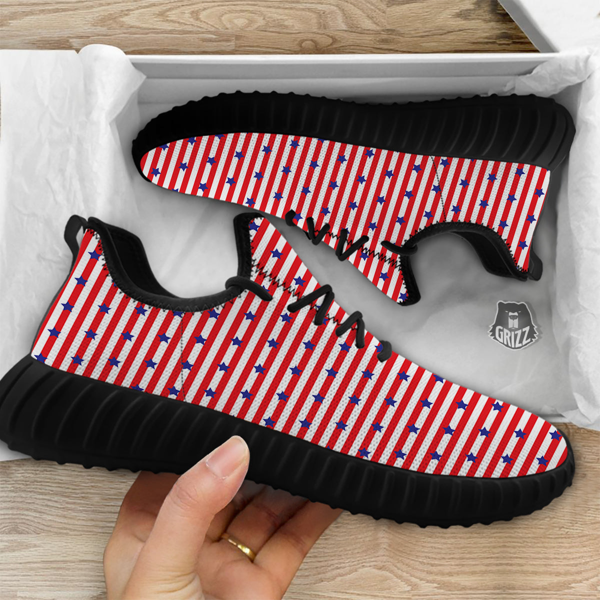 Striped USA Patriotic Print Pattern Black Walking Shoes-grizzshop