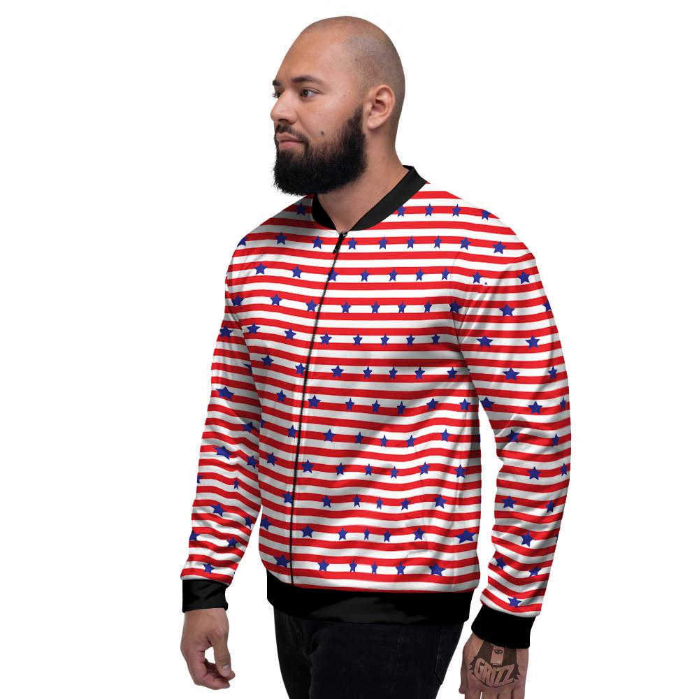 Striped USA Patriotic Print Pattern Men's Bomber Jacket-grizzshop