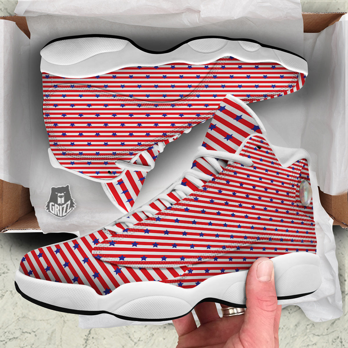 Striped USA Patriotic Print Pattern White Basketball Shoes-grizzshop