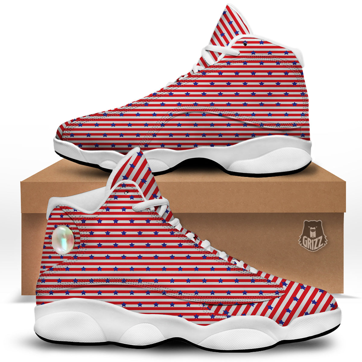 Striped USA Patriotic Print Pattern White Basketball Shoes-grizzshop