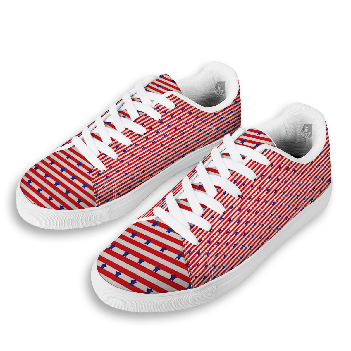 Striped USA Patriotic Print Pattern White Low Top Sneakers-grizzshop