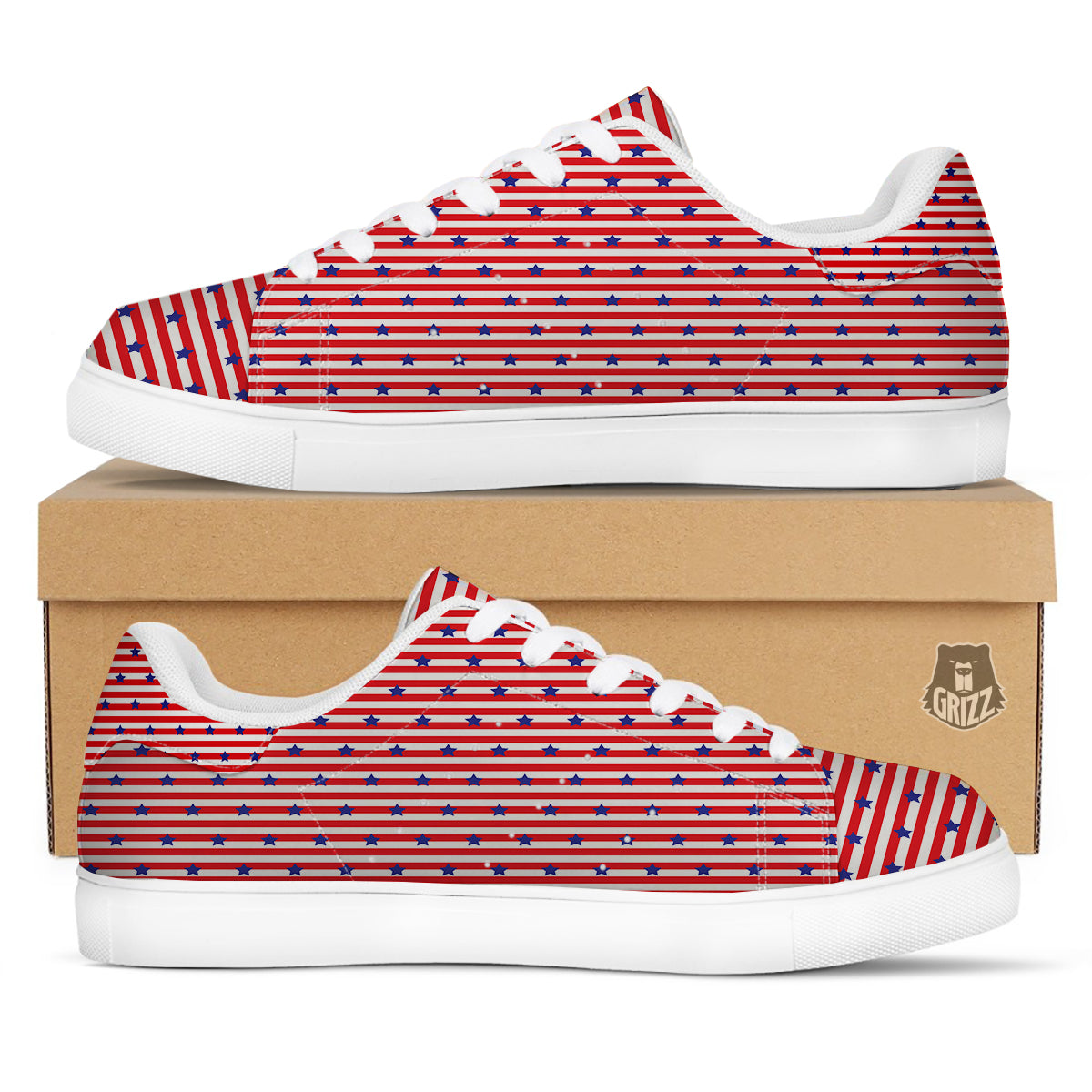 Striped USA Patriotic Print Pattern White Low Top Sneakers-grizzshop