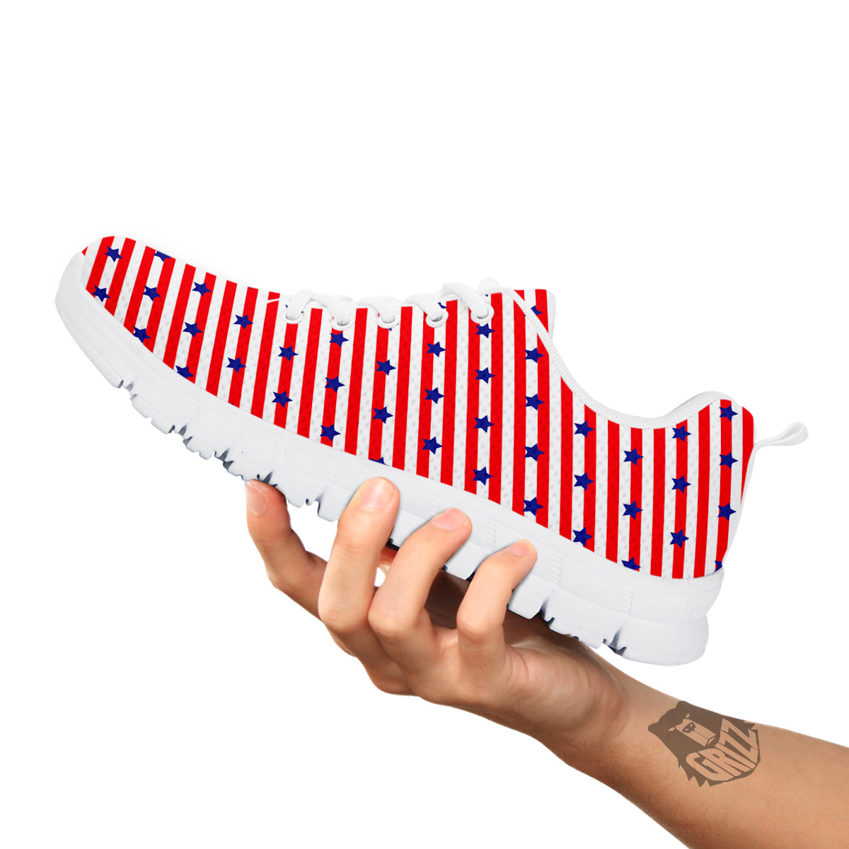 Striped USA Patriotic Print Pattern White Sneaker-grizzshop